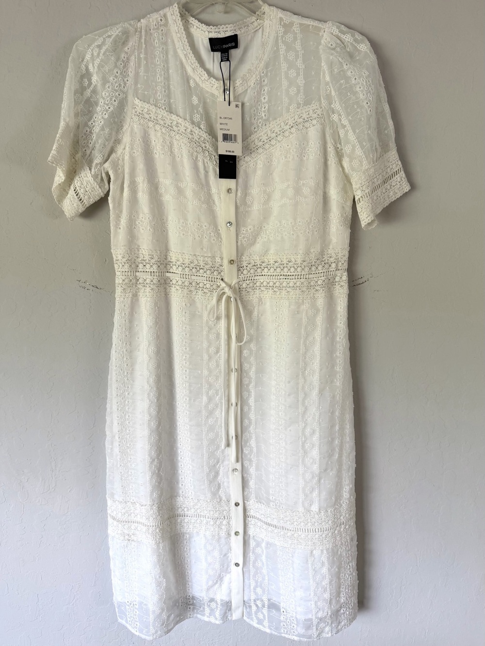 Lucy Paris White Eyelet Lace Button-Front Midi Dress NWT M